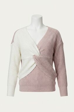 NEW ENDLESS BLU. colorblocked cropped twisted ribbed-knit sweater in ivory/mauve